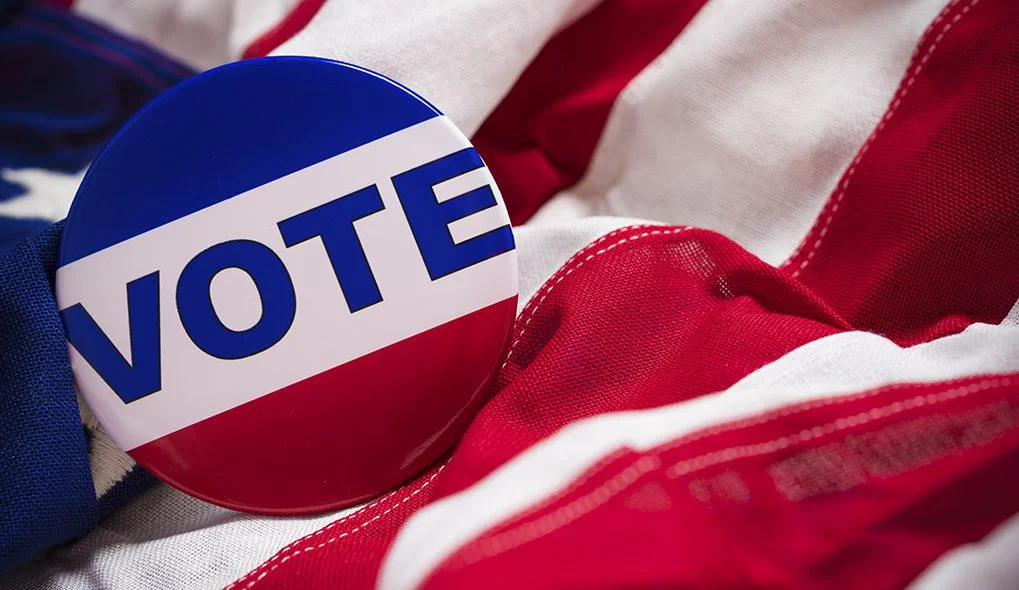 “VOTE” button or pin on an American flag