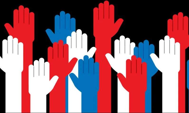 Hands Red White and Blue Raised